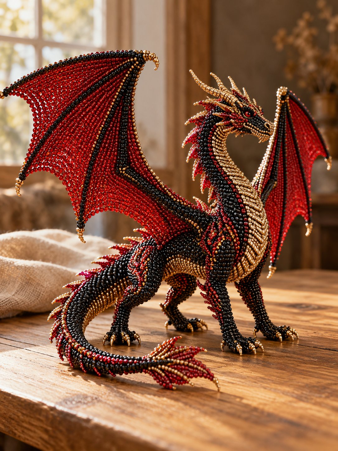 Illustrative seed-bead dragon, representing beadwork