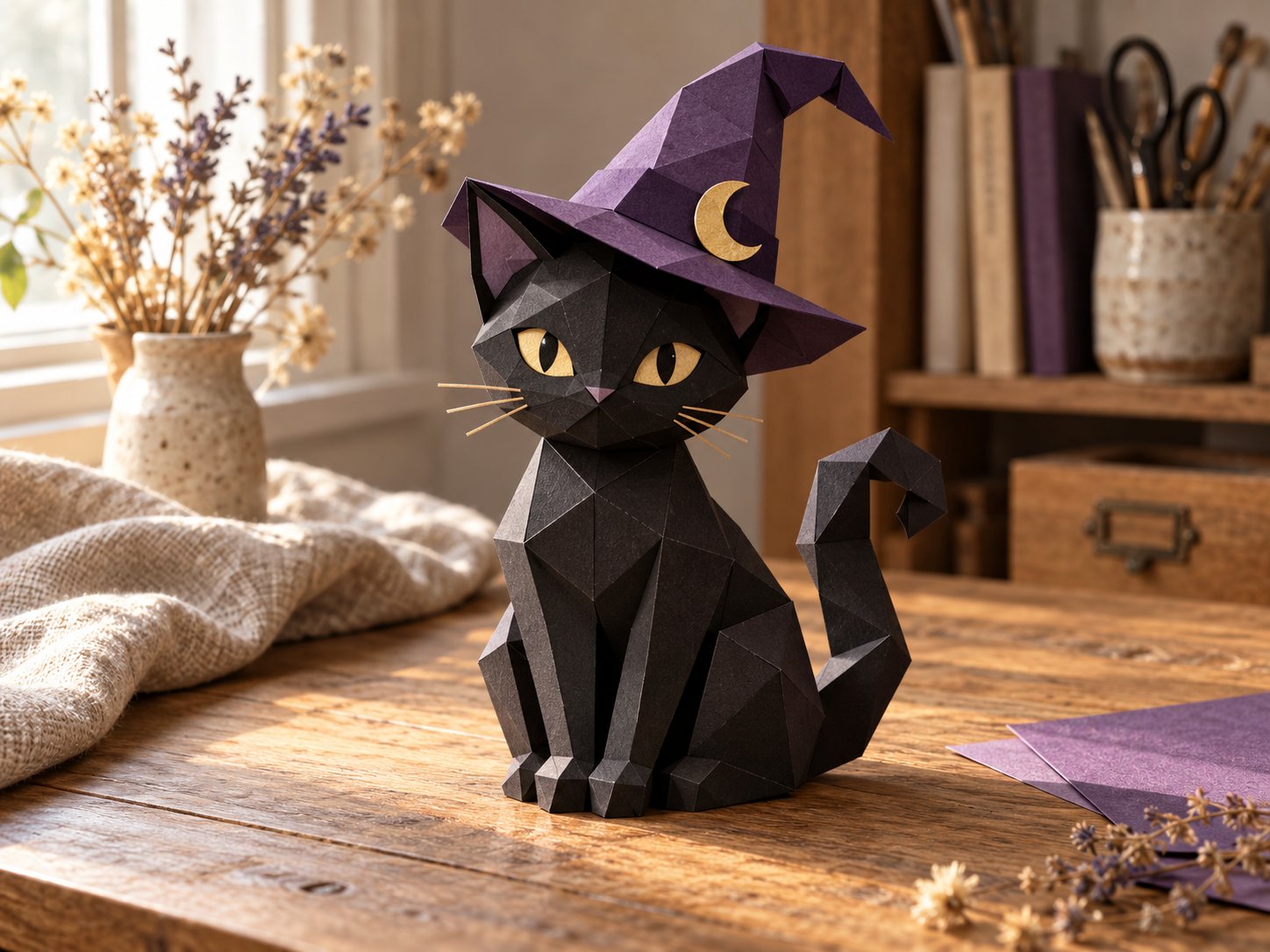 Illustrative folded-paper cat, representing papercraft